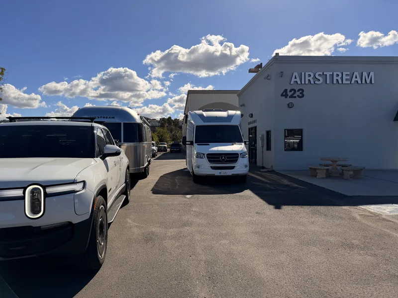 23′ Airstream International hitched to the Rivian R1T at San Marcos, CA, November 2025