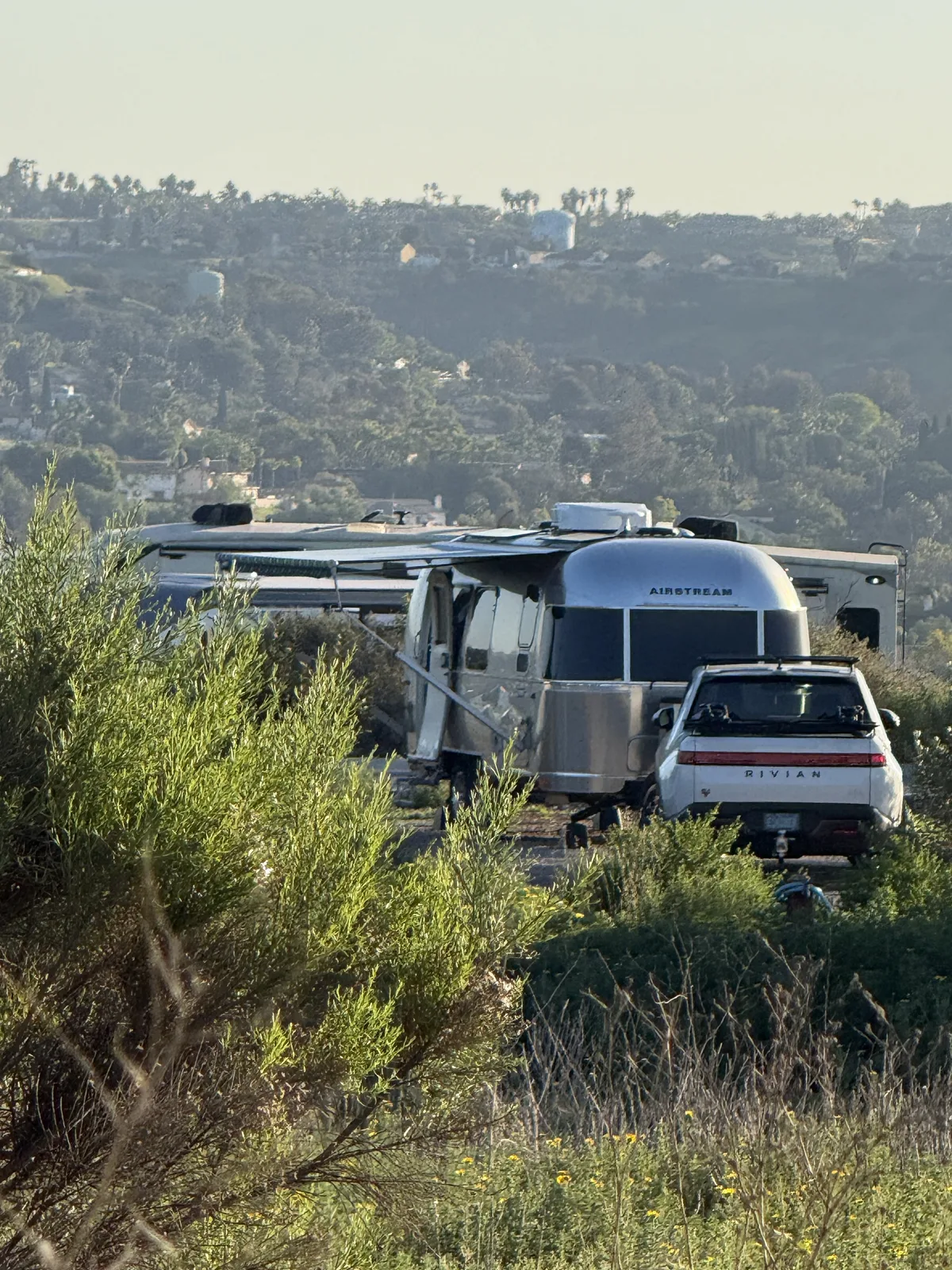 23′ Airstream International hitched to the Rivian R1T at San Diego, CA, March 2026