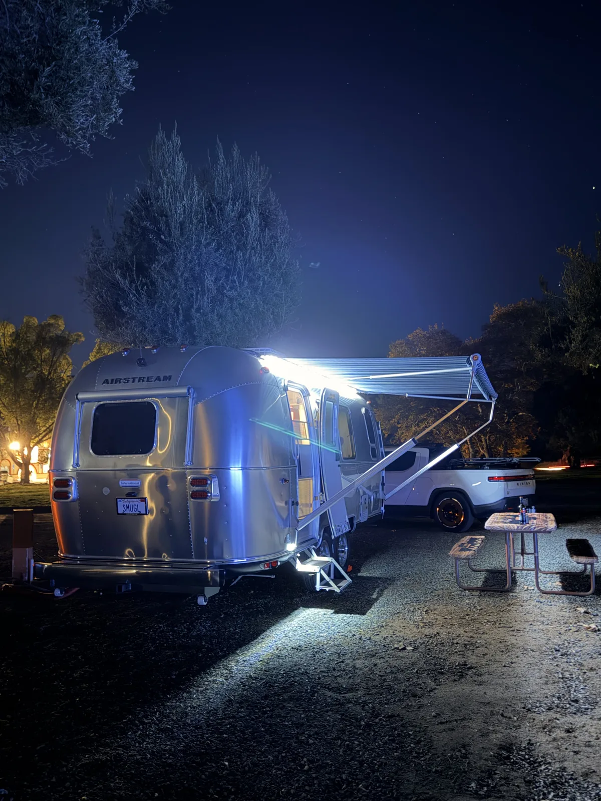 23′ Airstream International hitched to the Rivian R1T at San Diego County, CA, December 2025