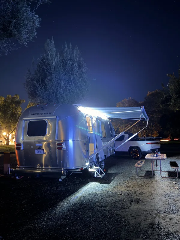 23′ Airstream International hitched to the Rivian R1T at San Diego County, CA, December 2025