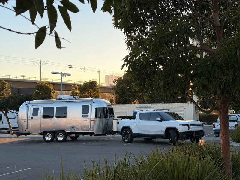 23′ Airstream International hitched to the Rivian R1T at San Diego, CA, December 2025