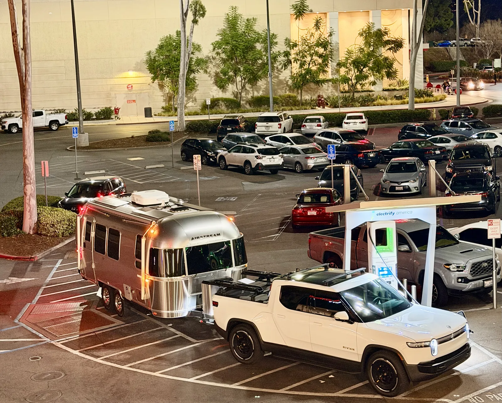 23′ Airstream International hitched to the Rivian R1T at Escondido, CA, December 2025