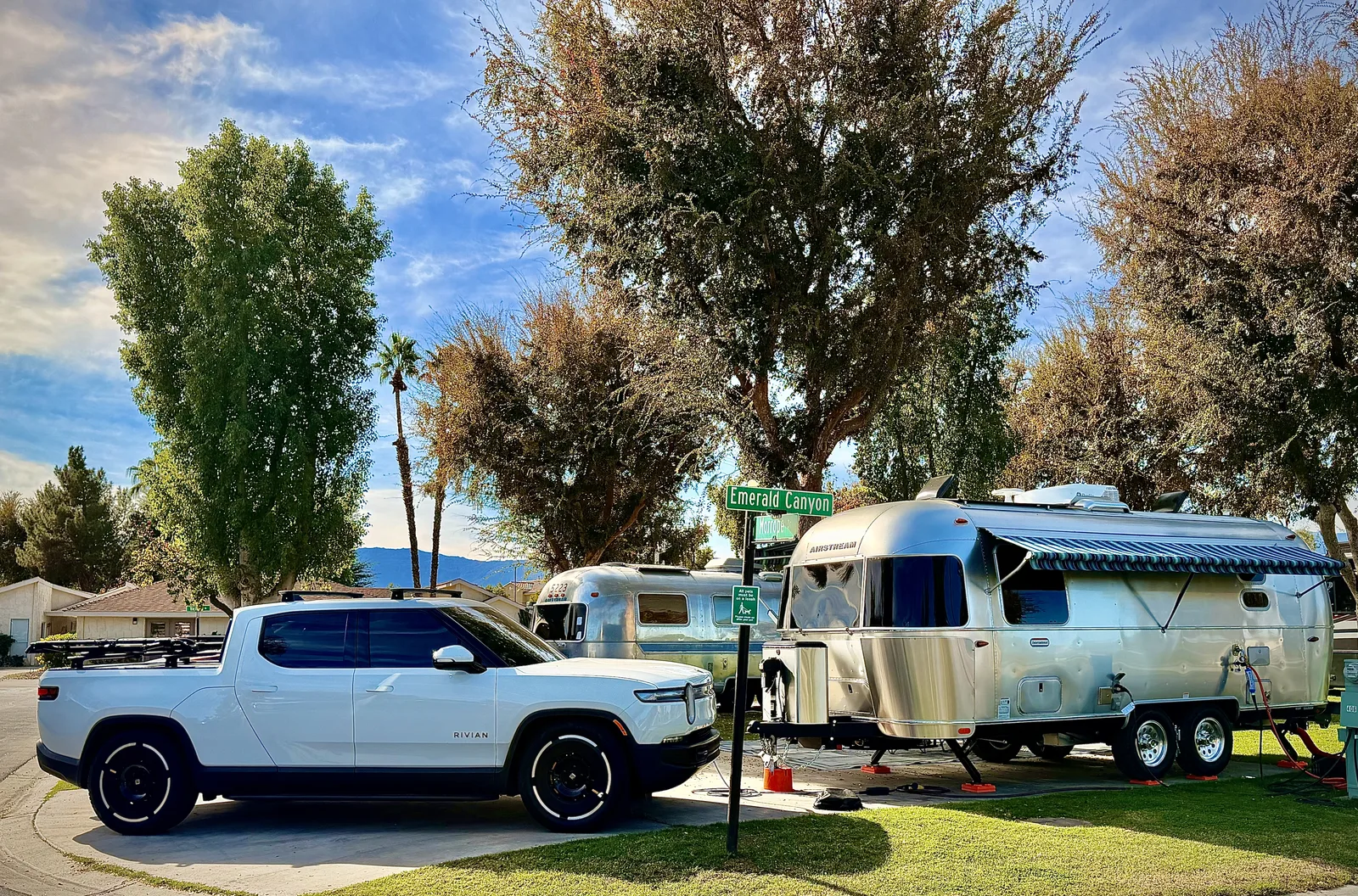 23′ Airstream International hitched to the Rivian R1T at Palm Desert, CA, December 2025