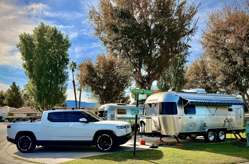 23′ Airstream International hitched to the Rivian R1T at Palm Desert, CA, December 2025