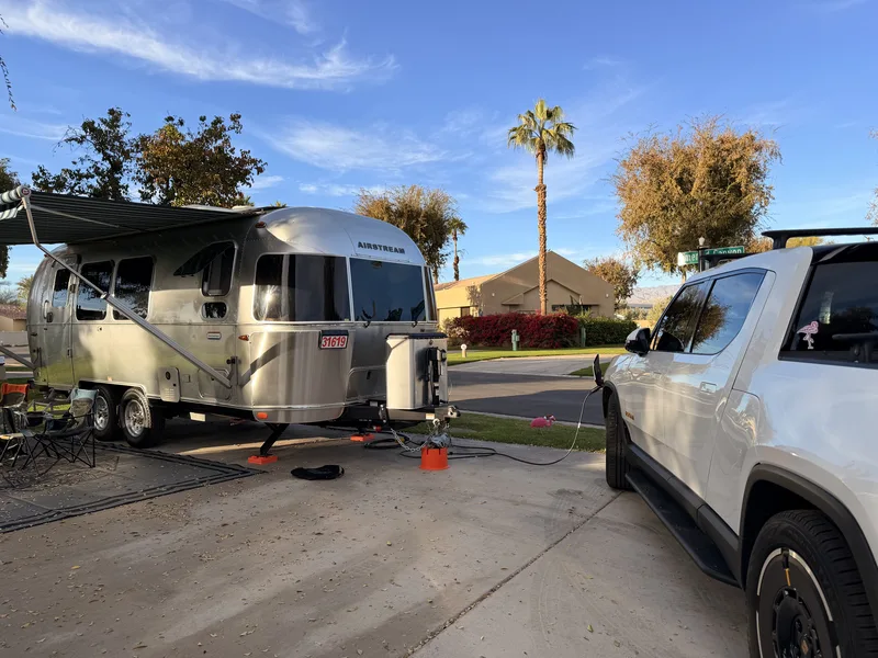 23′ Airstream International hitched to the Rivian R1T at Palm Desert, CA, December 2025