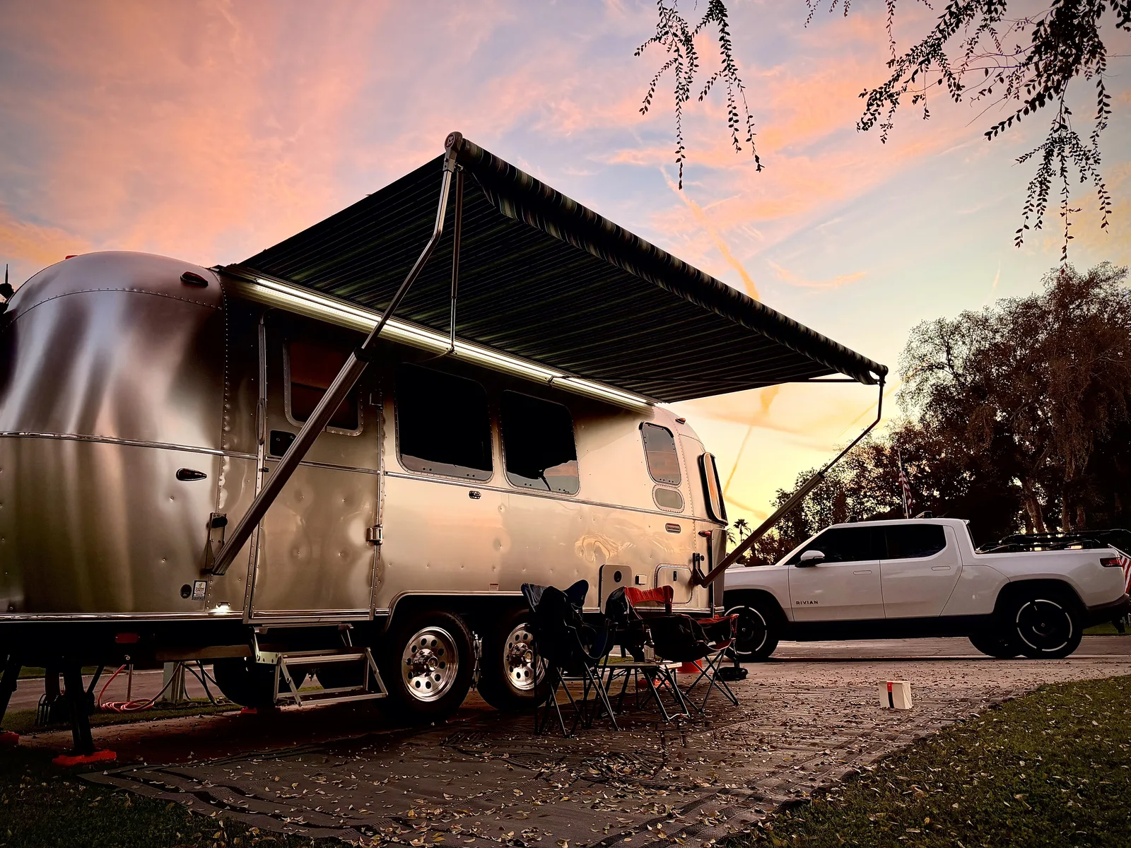 23′ Airstream International hitched to the Rivian R1T at Palm Desert, CA, December 2025