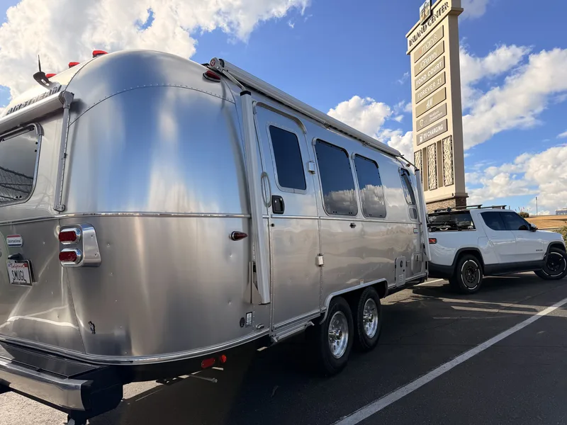 23′ Airstream International hitched to the Rivian R1T at San Bernardino, CA, January 2026