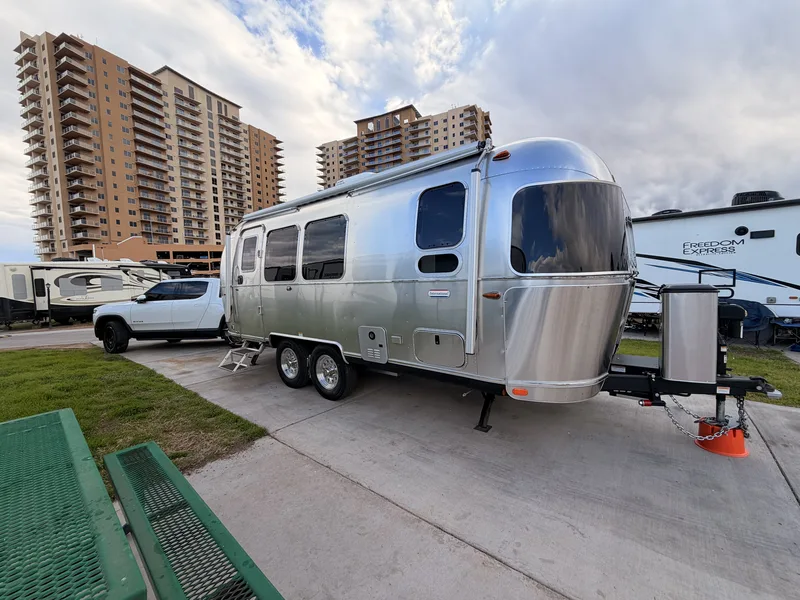 The 23-foot Airstream International hitched to the Rivian R1T on a winter day near Enterprise, Nevada