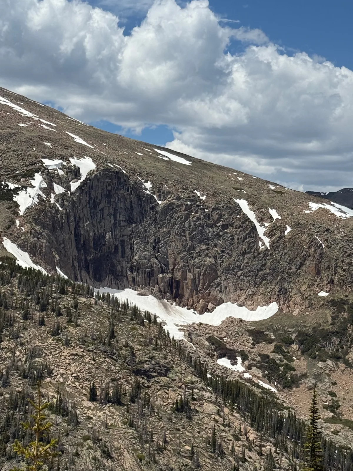 A rugged rock outcrop on the alpine tundra near the Lava Cliffs on Trail Ridge Road in Rocky Mountain National Park, snowbanks and tundra falling away below under a bright sky