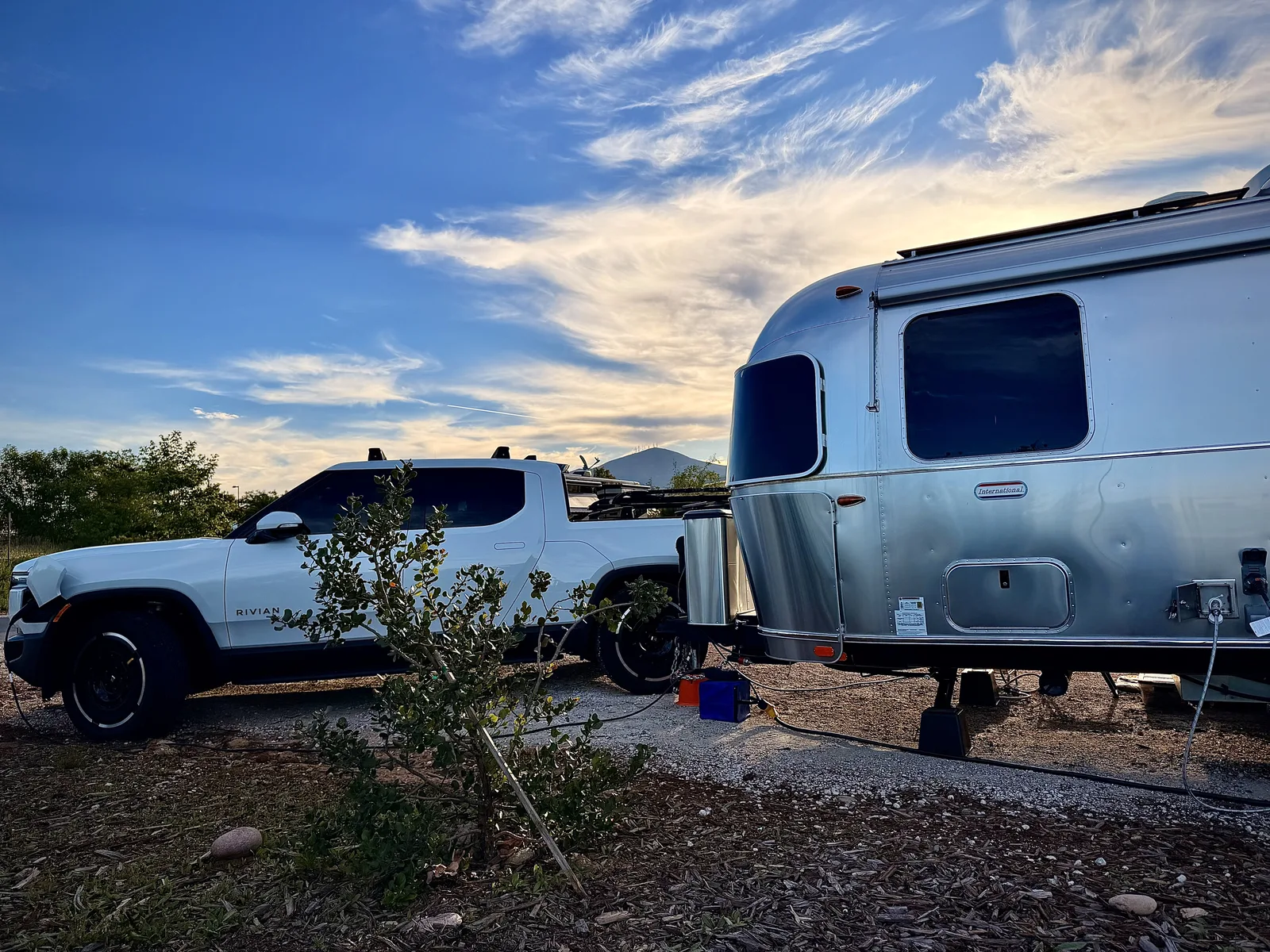 23′ Airstream International hitched to the Rivian R1T at San Diego, CA, March 2026