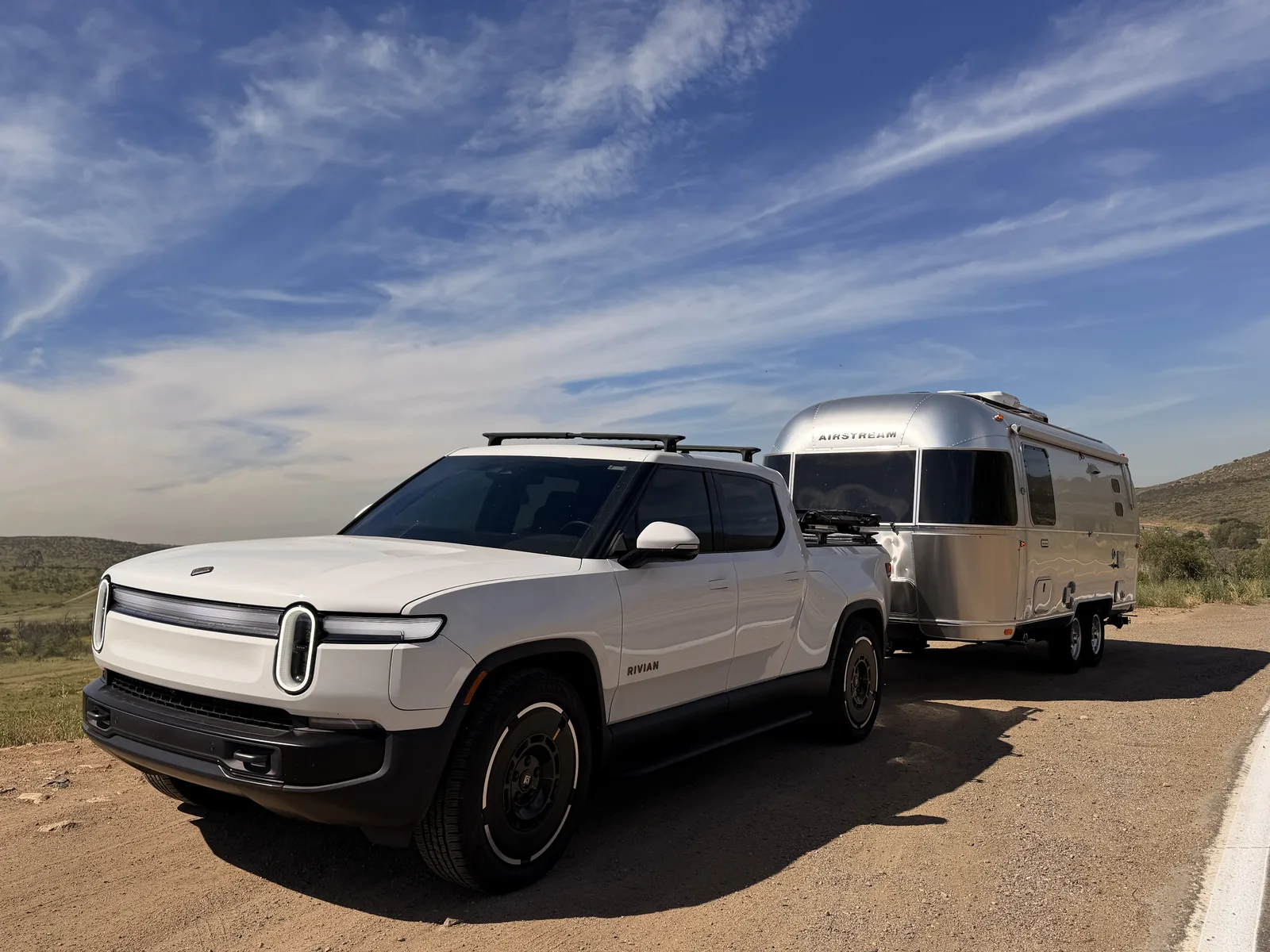 23′ Airstream International hitched to the Rivian R1T at San Diego County, CA, March 2026