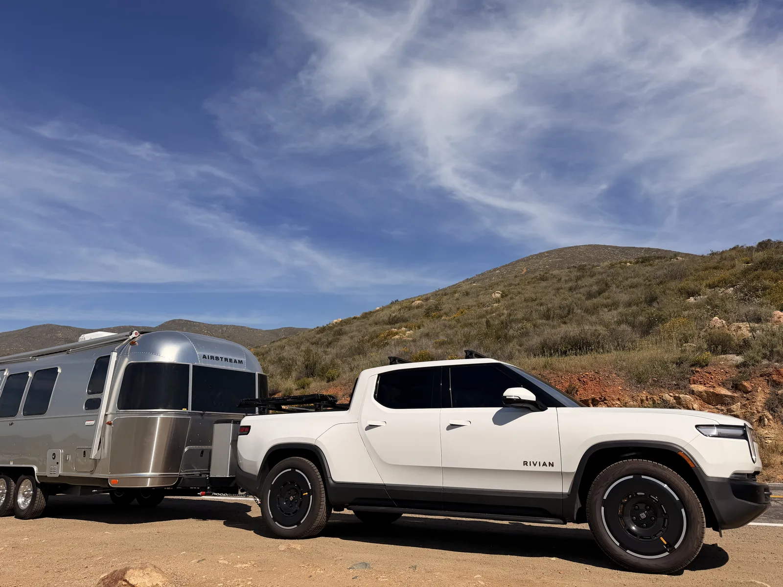 23′ Airstream International hitched to the Rivian R1T at San Diego County, CA, March 2026