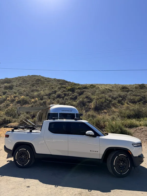 23′ Airstream International hitched to the Rivian R1T at San Diego County, CA, March 2026