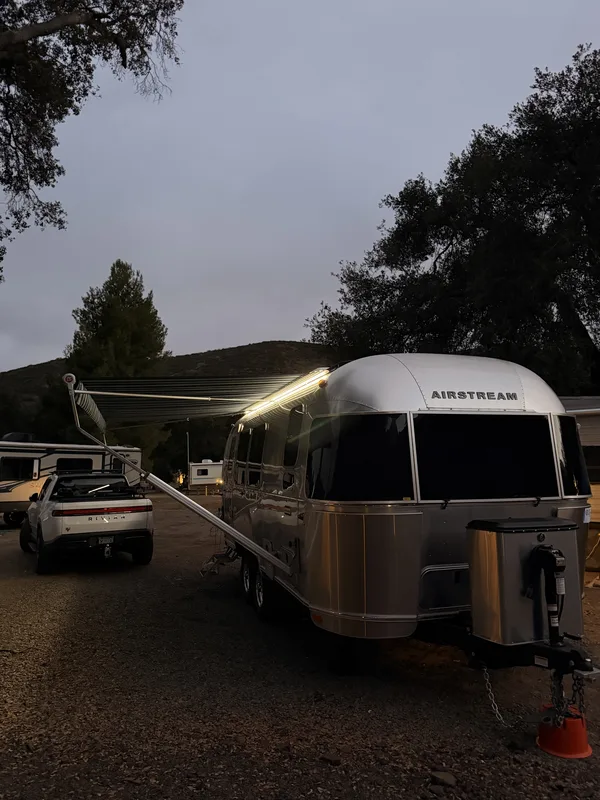 23′ Airstream International hitched to the Rivian R1T at San Diego County, CA, March 2026