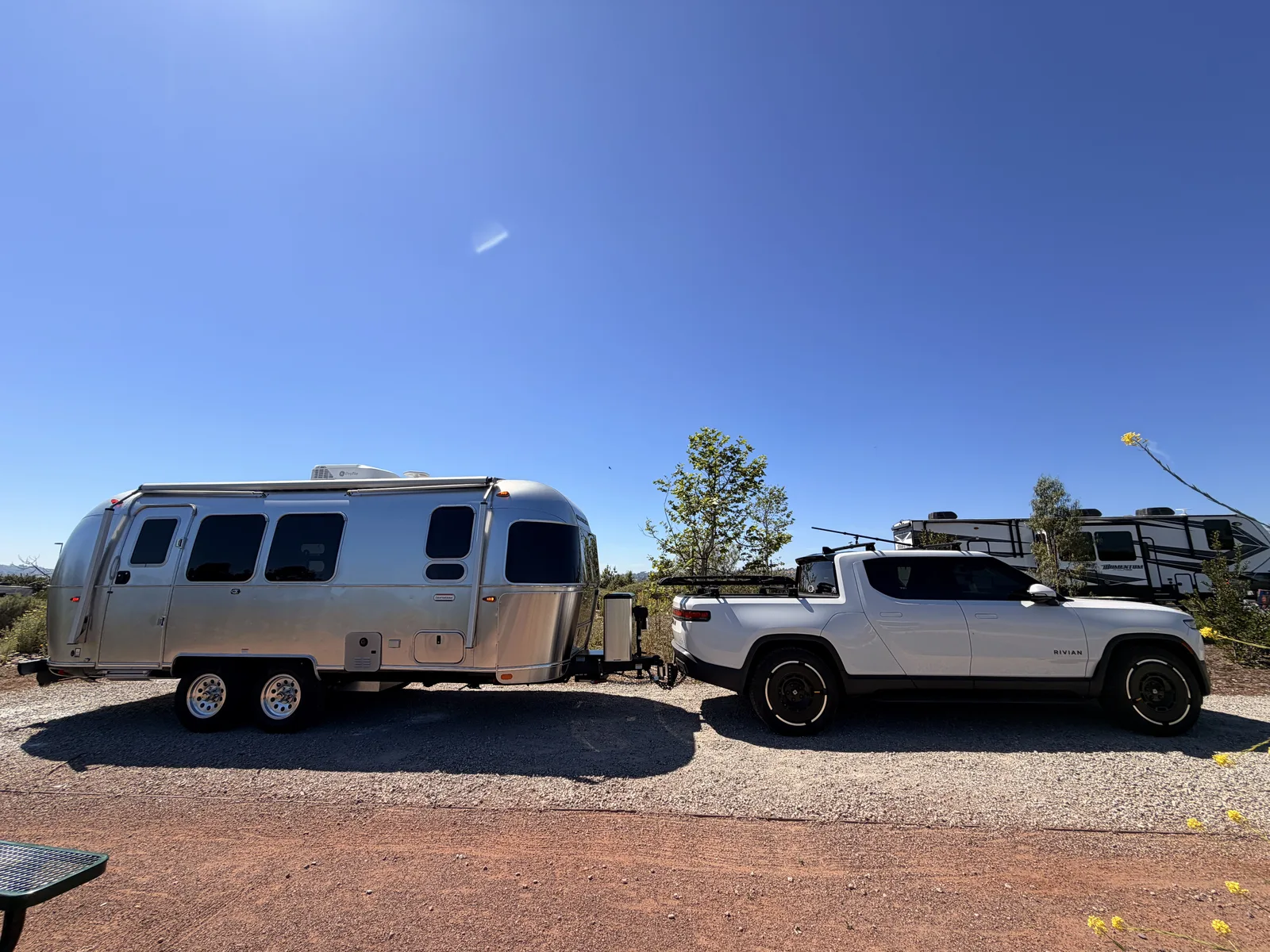 23′ Airstream International hitched to the Rivian R1T at San Diego, CA, March 2026