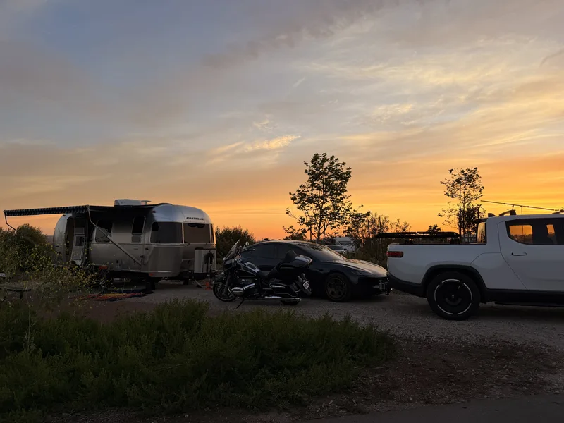 23′ Airstream International hitched to the Rivian R1T at San Diego, CA, March 2026