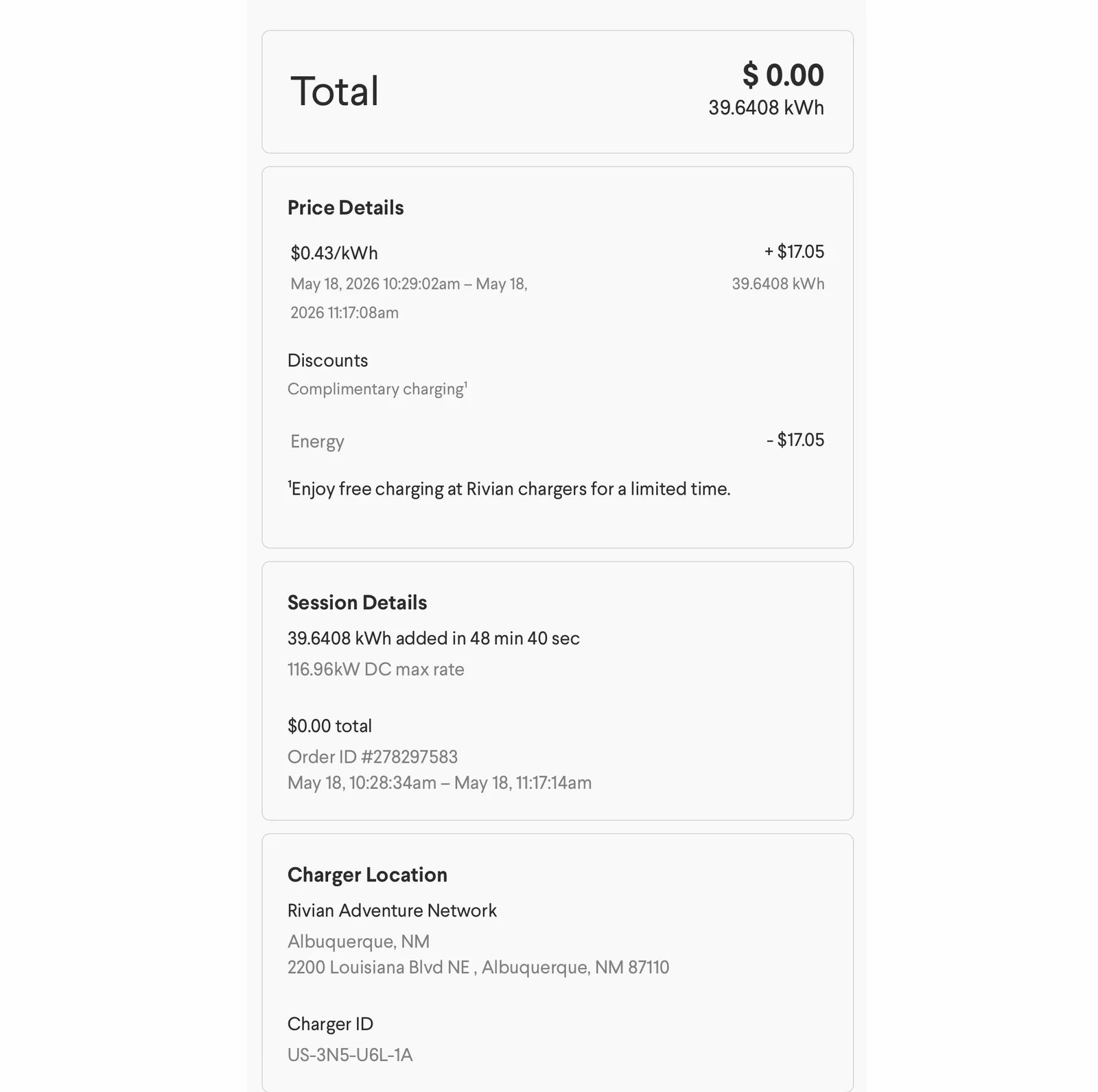 The Rivian app receipt for the round 1 Uptown RAN session at 2200 Louisiana Blvd NE in Albuquerque NM, charger US-3N5-U6L-1A, 39.6408 kWh added in 48 min 40 sec at a 116.96 kW peak rate, $17.05 gross at $0.43/kWh discounted to $0 via complimentary charging, Order ID 278297583