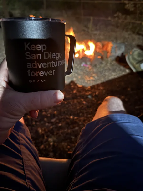 Morning coffee on the camp stove beside the Airstream Basecamp, Harrison Park, California, July 2024