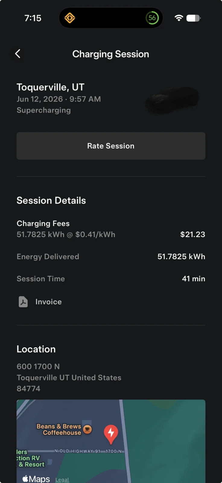 Tesla app receipt for the La Verkin Toquerville Supercharger, 51.7825 kWh in 41 minutes at $0.41 per kWh for $21.23, 9:57 AM June 12