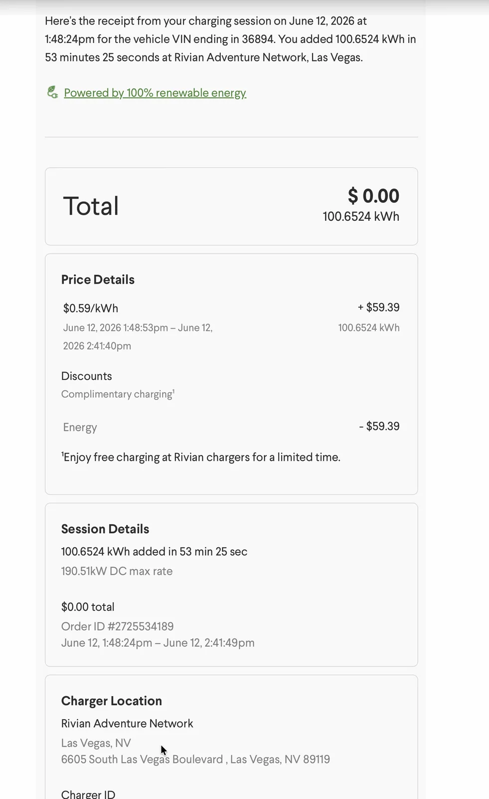 Rivian app receipt for the Las Vegas Town Square Adventure Network session, 100.6524 kWh in 53 minutes at a 190.51 kW peak, $59.39 list and $0.00 paid