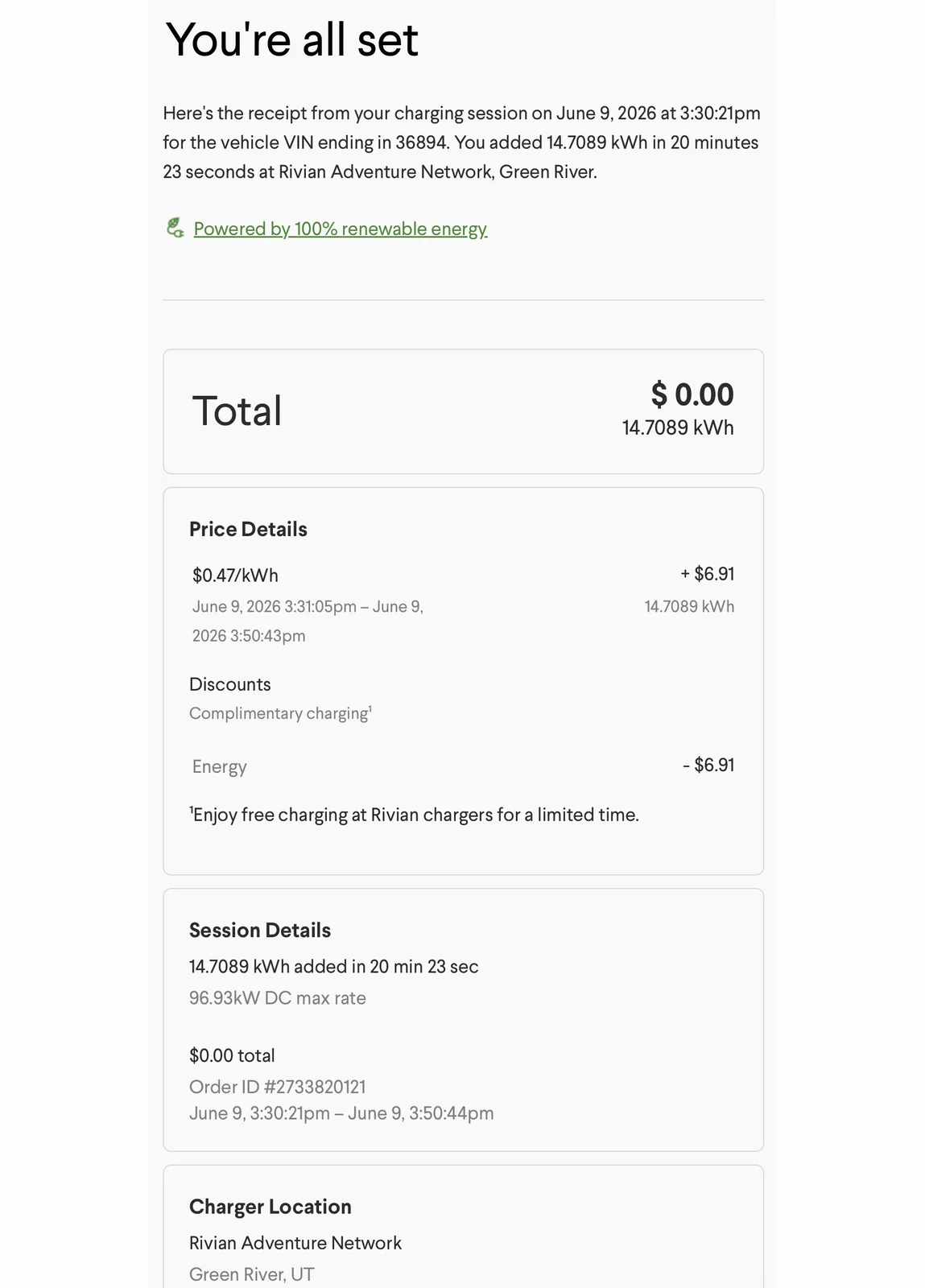 Rivian app receipt for the second Green River RAN session after the charger error, 14.7089 kWh added in 20 minutes 23 seconds at a 96.93 kW max rate, $6.91 refunded to $0.00 as complimentary charging, order 2733820121