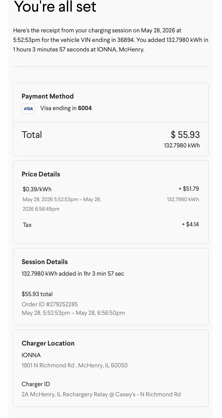 The IONNA app receipt for the McHenry charging session on May 28 2026, 132.7980 kWh added in 1 hour 3 minutes 57 seconds at $0.39 per kWh for $55.93 total, charged to a Visa ending in 6004