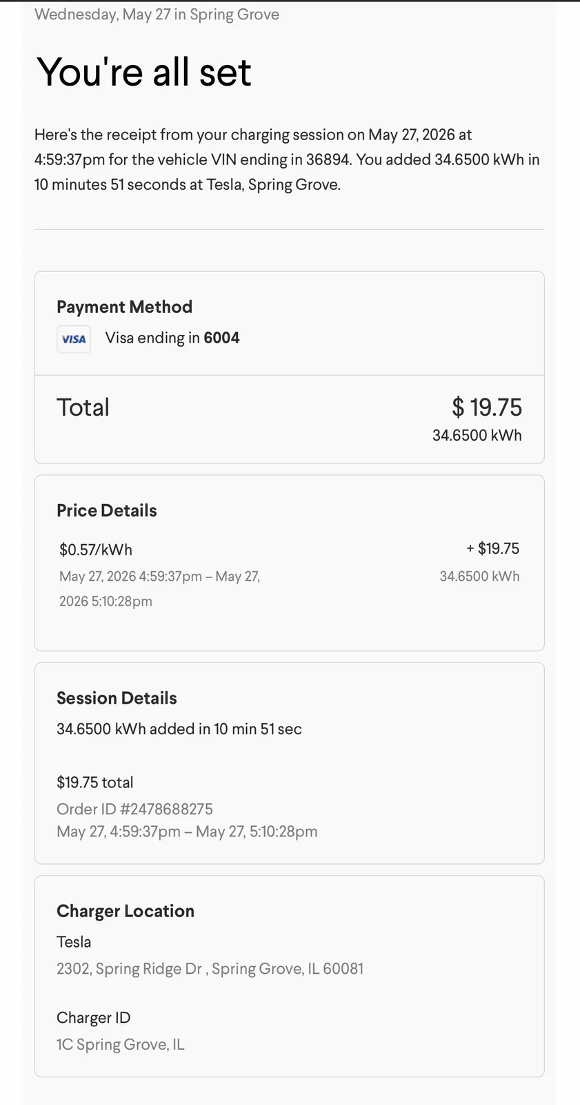 The Tesla app receipt for the Spring Grove IL Supercharger session on May 27 2026, 34.6500 kWh added in 10 min 51 sec at $0.57 per kWh for $19.75 total, charged to a Visa ending in 6004