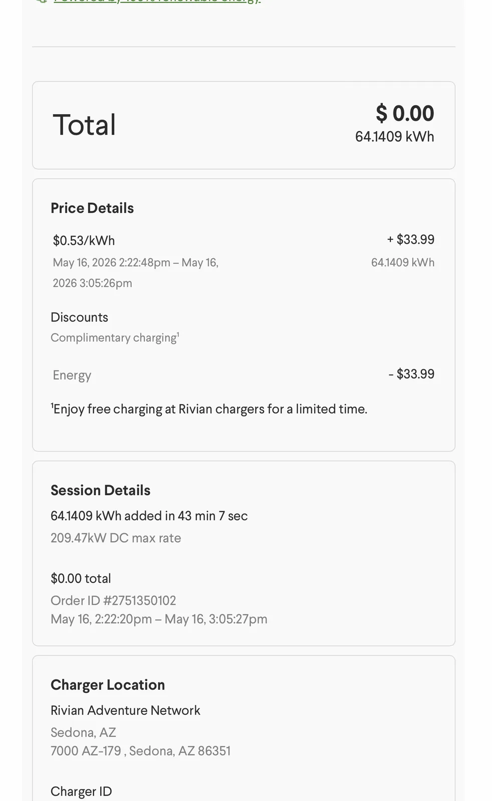 The Rivian app receipt for the second Sedona RAN session after the stall move, showing 64.1409 kWh added in 43 minutes 7 seconds at a 209.47 kW DC max rate, $33.99 gross at $0.53 per kWh, a complimentary-charging discount of negative $33.99, a $0.00 total, charger at 7000 AZ-179 Sedona AZ 86351, order