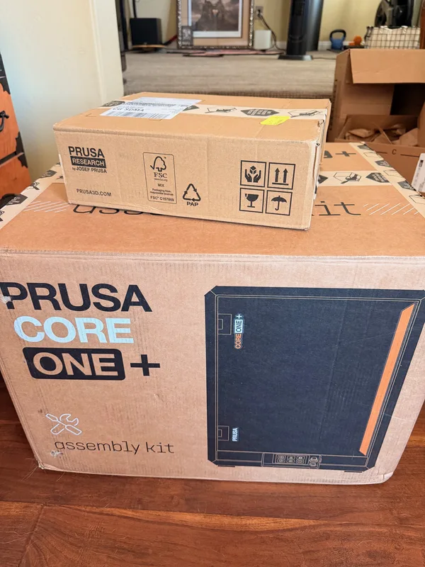 The sealed Prusa CORE One 3D printer box, the first production printer for Wattreach Workshop