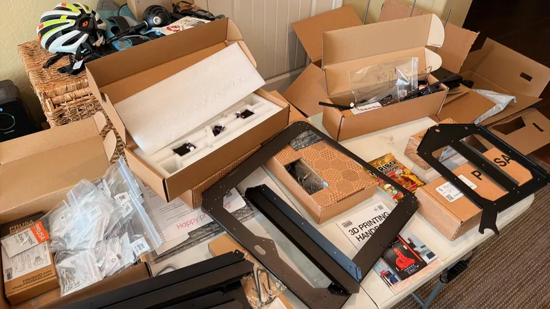 Tools and printer parts laid out mid-assembly on the workbench