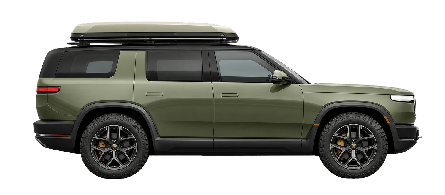 Rivian R2 in Launch Green with a hard-shell roof-top tent and 20-inch all-terrain wheels, our overland adventure build