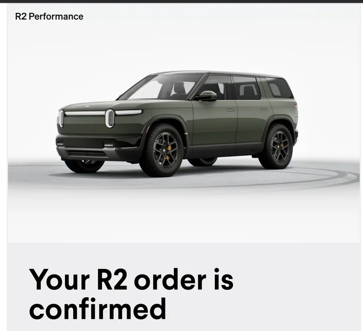 Rivian email "Your R2 order is confirmed" showing our Launch Green R2 Performance