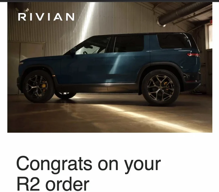 Rivian email "Congrats on your R2 order" about getting the vehicle ready for production