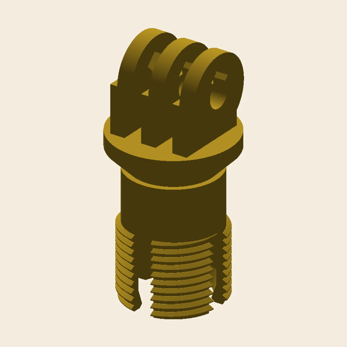 Gold CAD render of the Ultimate Seats cup holder camera mount retrofit: an M20x1.5 threaded four-slot collet base with GoPro-standard prongs on top
