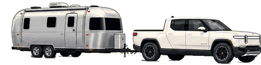 Wattreach logo showing a white Rivian R1T pulling a silver Airstream travel trailer
